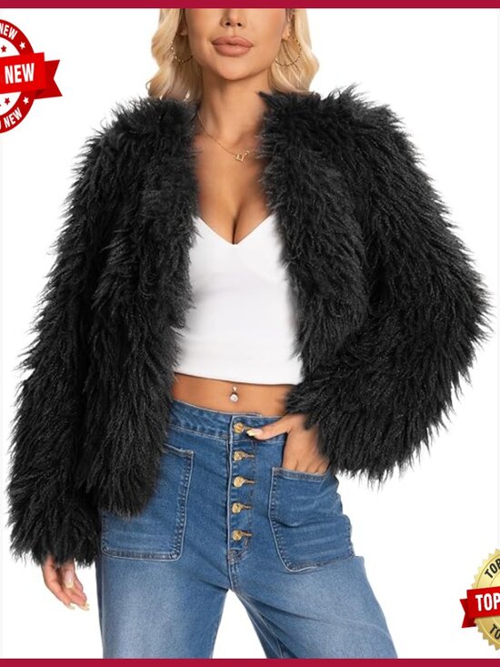 Jackets & Blazers - Faux Fur Coat Women's Mid-Length Open Front Button Closure Winter Outerwear
